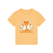 yellow funny animal t-shirt with the graphic of some geese fist bumping and the slogan 'goosebumps'