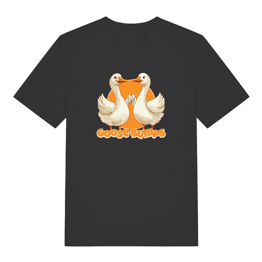 black funny animal t-shirt with the graphic of two geese fist bumping and the slogan 'goosebumps'