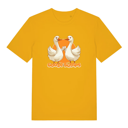 yellow funny animal t-shirt with the graphic of two geese fist bumping and the slogan 'goosebumps'