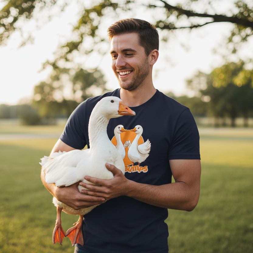 Man holding a white duck in a park with trees and grass in the background