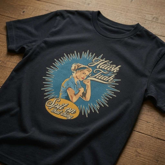 Black Gotta Hawk Tuah t-shirt on wood with Hawk Tuah spit on that thing design, funny mens viral meme offensive