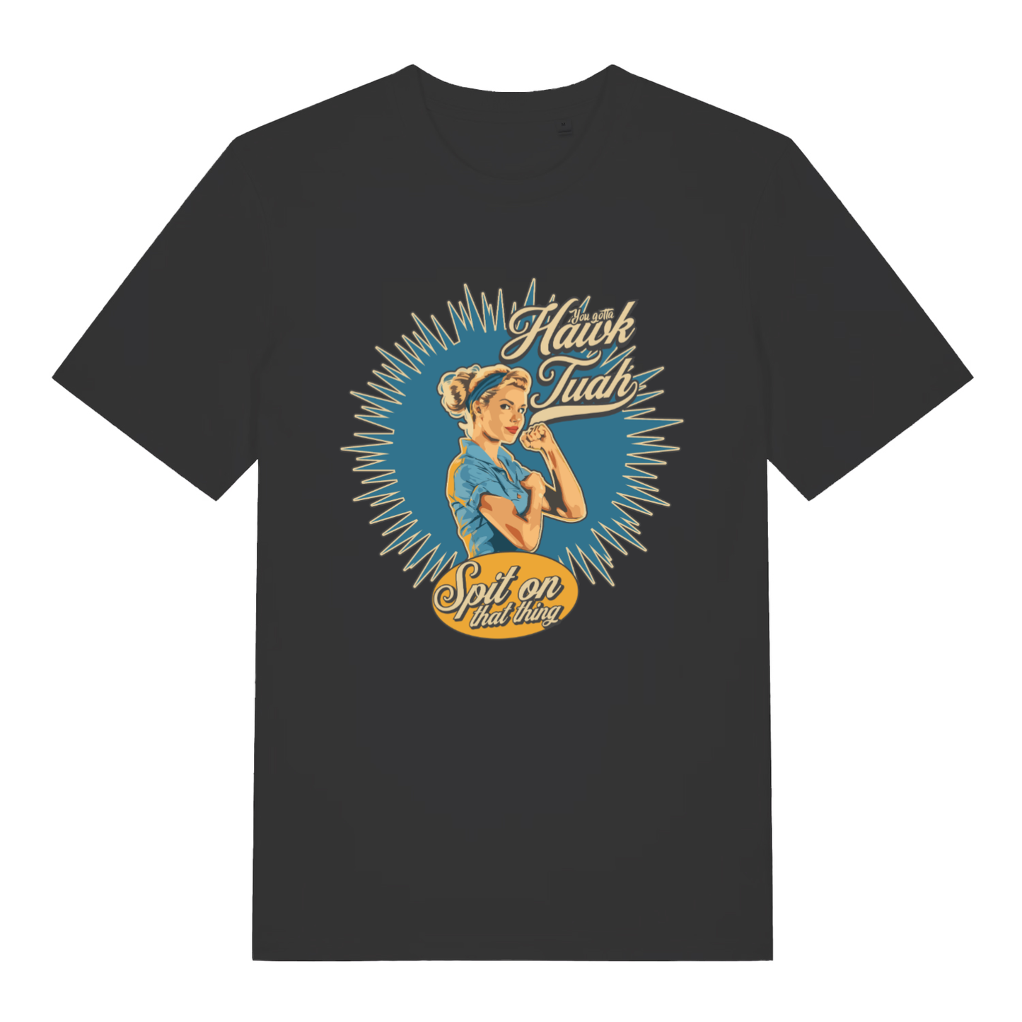 Black Gotta Hawk Tuah T-shirt flat lay with "You gotta Hawk Tuah Spit on that thing" pin-up graphic