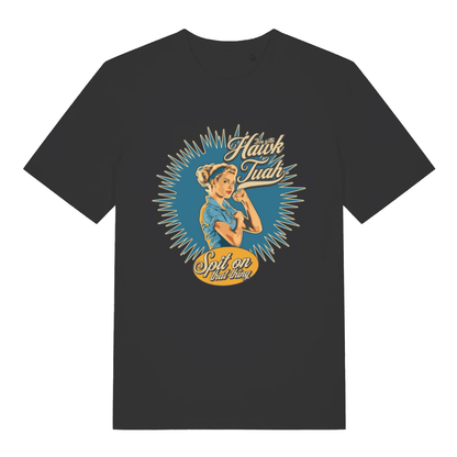 Black Gotta Hawk Tuah T-shirt flat lay with "You gotta Hawk Tuah Spit on that thing" pin-up graphic