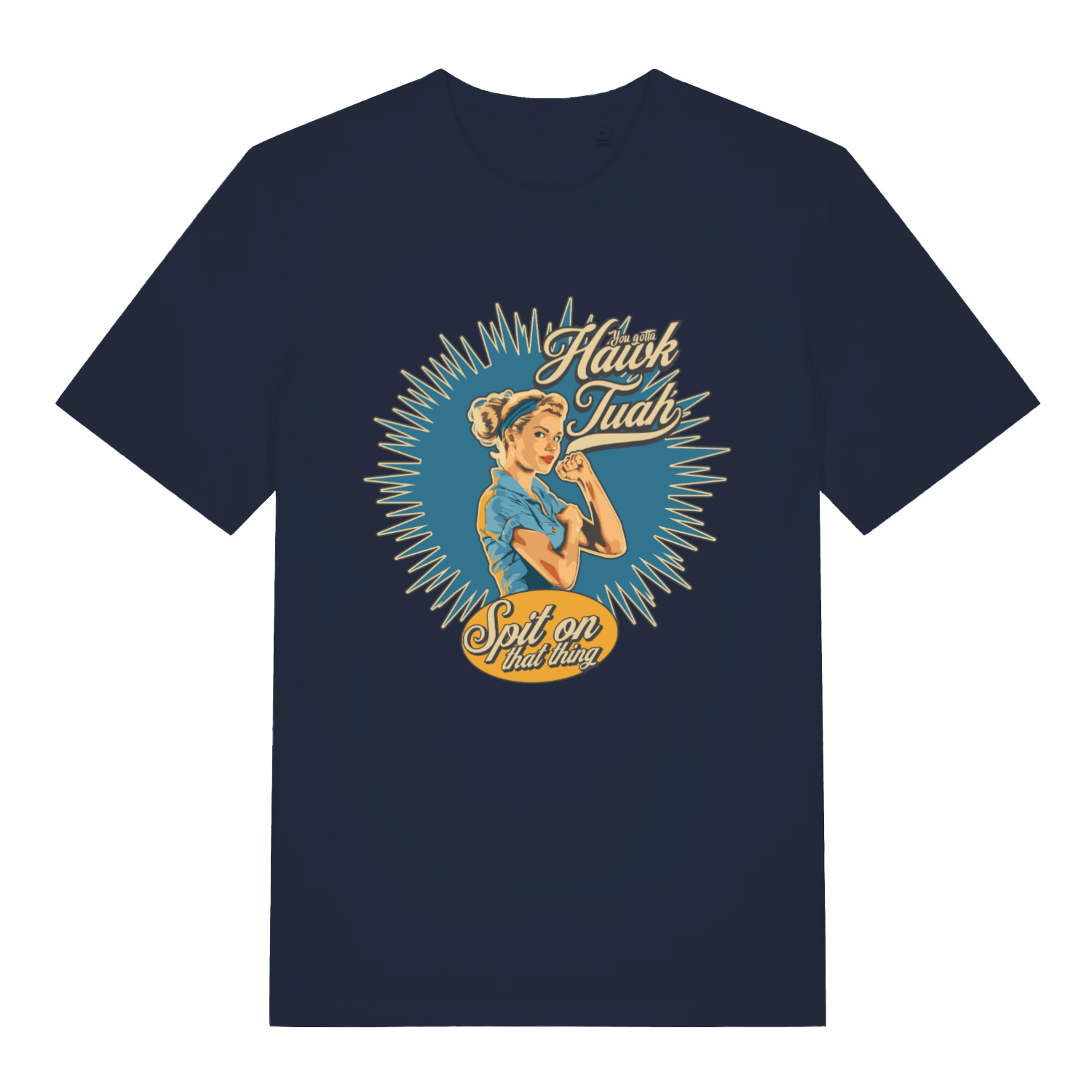 French Navy Gotta Hawk Tuah T-shirt flat lay featuring funny viral meme design