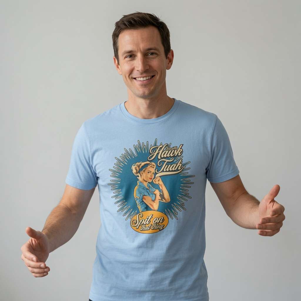 Man smiling with arms open in light blue Gotta Hawk Tuah tee, funny mens viral meme graphic
