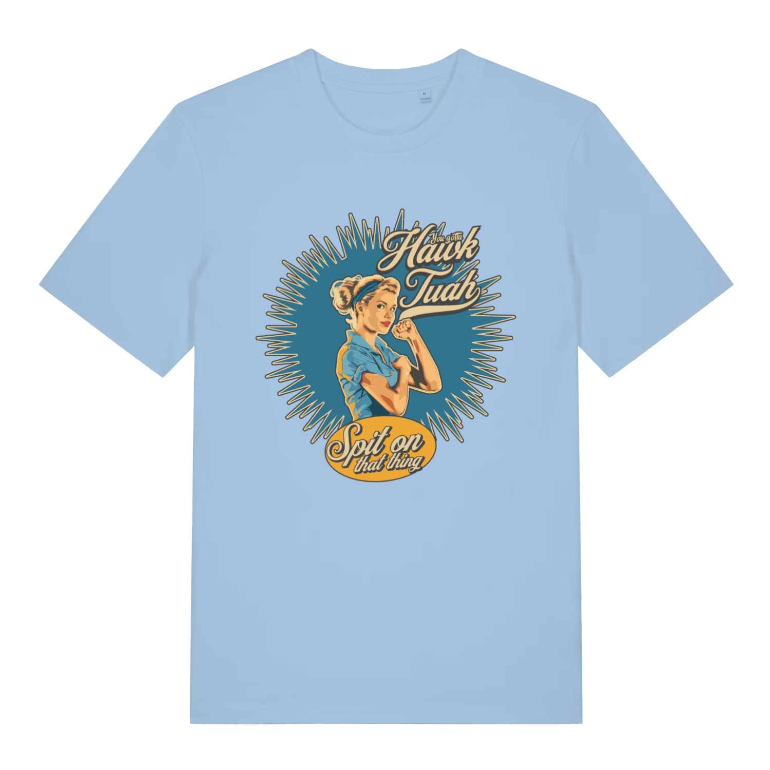 Light Blue Gotta Hawk Tuah T-shirt flat lay showing retro "spit on that thing" illustration