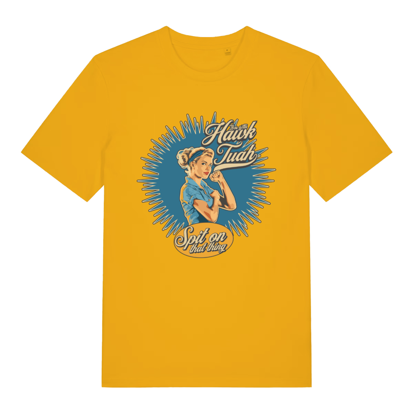 Spectra Yellow Gotta Hawk Tuah T-shirt flat lay with humorous Hawk Tuah pin-up graphic