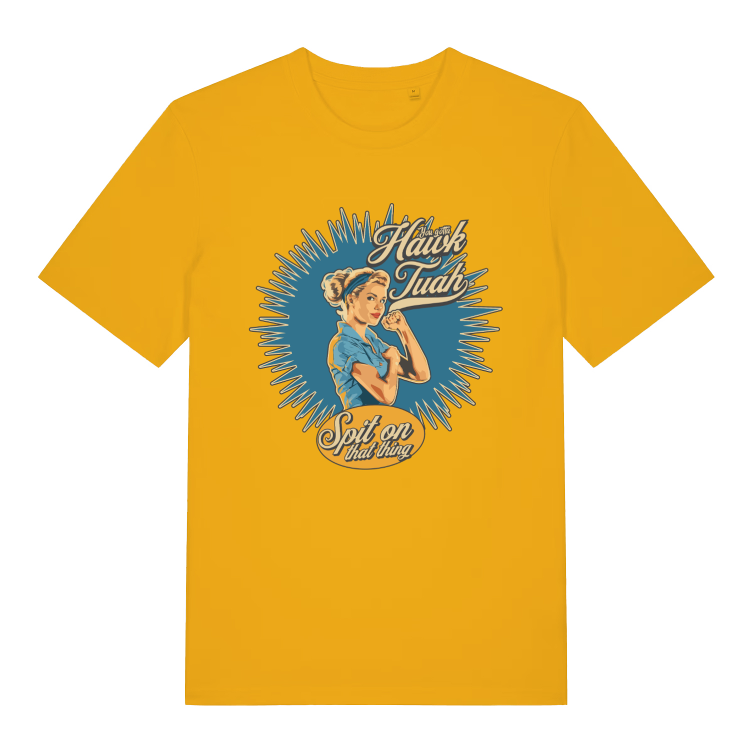 Spectra Yellow Gotta Hawk Tuah T-shirt flat lay with humorous Hawk Tuah pin-up graphic