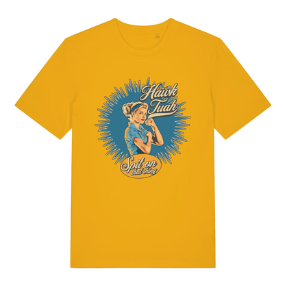Spectra Yellow Gotta Hawk Tuah T-shirt flat lay with humorous Hawk Tuah pin-up graphic