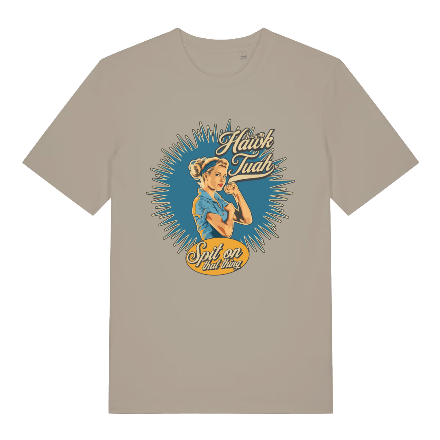 Stone Gotta Hawk Tuah T-shirt flat lay displaying viral meme retro style design