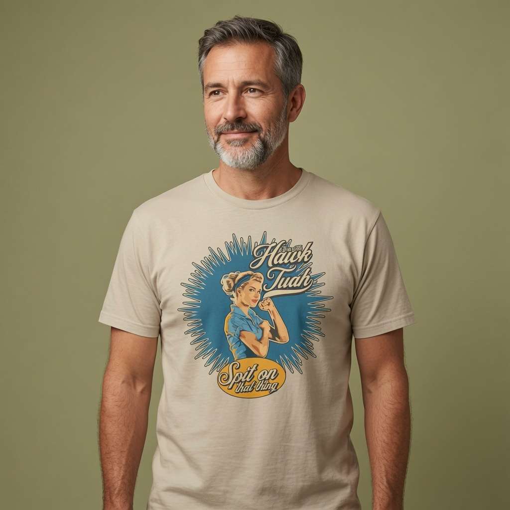 Grey-haired bearded man with slight smile in stone Gotta Hawk Tuah t-shirt featuring Rosie-style spit graphic, mens viral meme