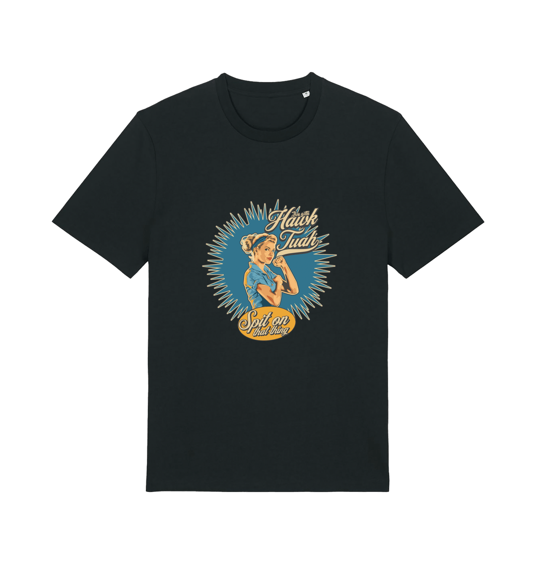 black funny rude t-shirt with the graphic of a retro housewife and the slogan 'hawk tuah spit on that thing'