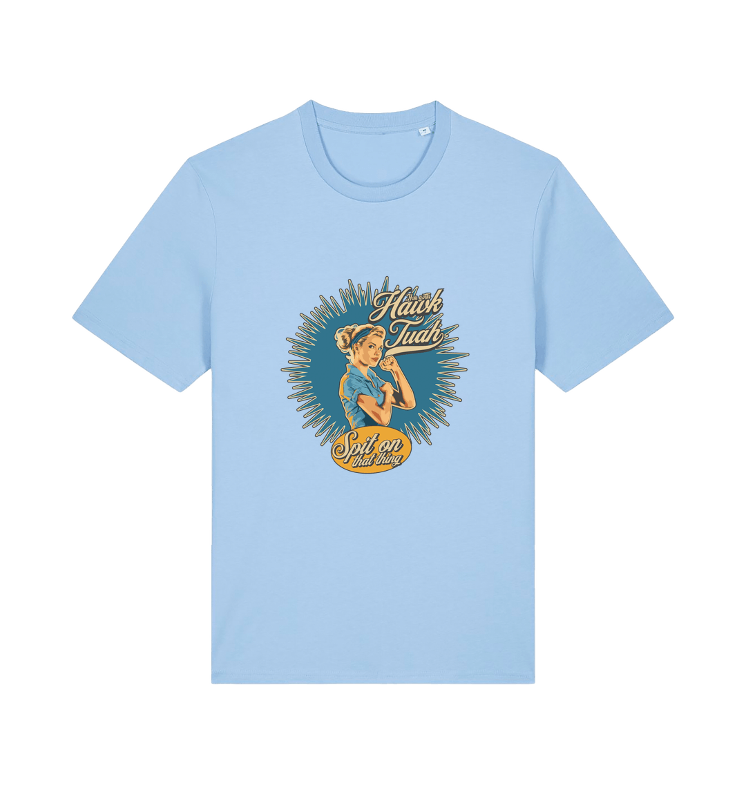 light blue funny rude t-shirt with the graphic of a retro housewife and the slogan 'hawk tuah spit on that thing'