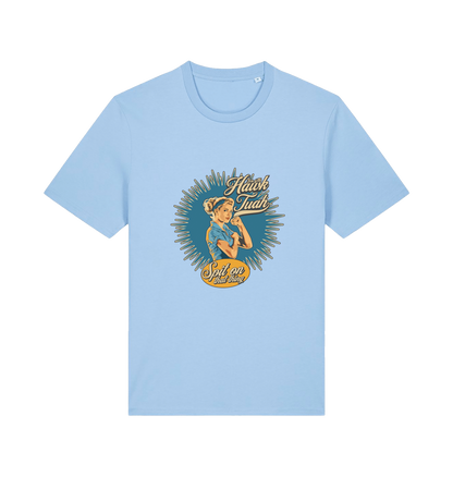 light blue funny rude t-shirt with the graphic of a retro housewife and the slogan 'hawk tuah spit on that thing'