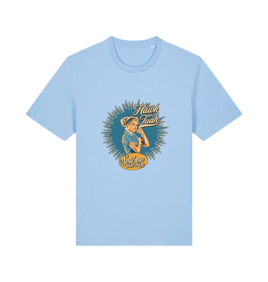 light blue funny rude t-shirt with the graphic of a retro housewife and the slogan 'hawk tuah spit on that thing'