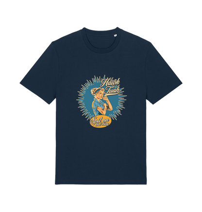 navy funny rude t-shirt with the graphic of a retro housewife and the slogan 'hawk tuah spit on that thing'