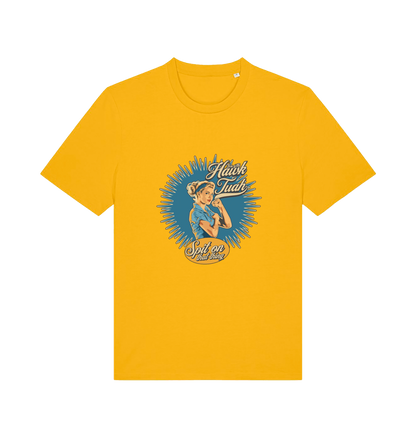 yellow funny rude t-shirt with the graphic of a retro housewife and the slogan 'hawk tuah spit on that thing'