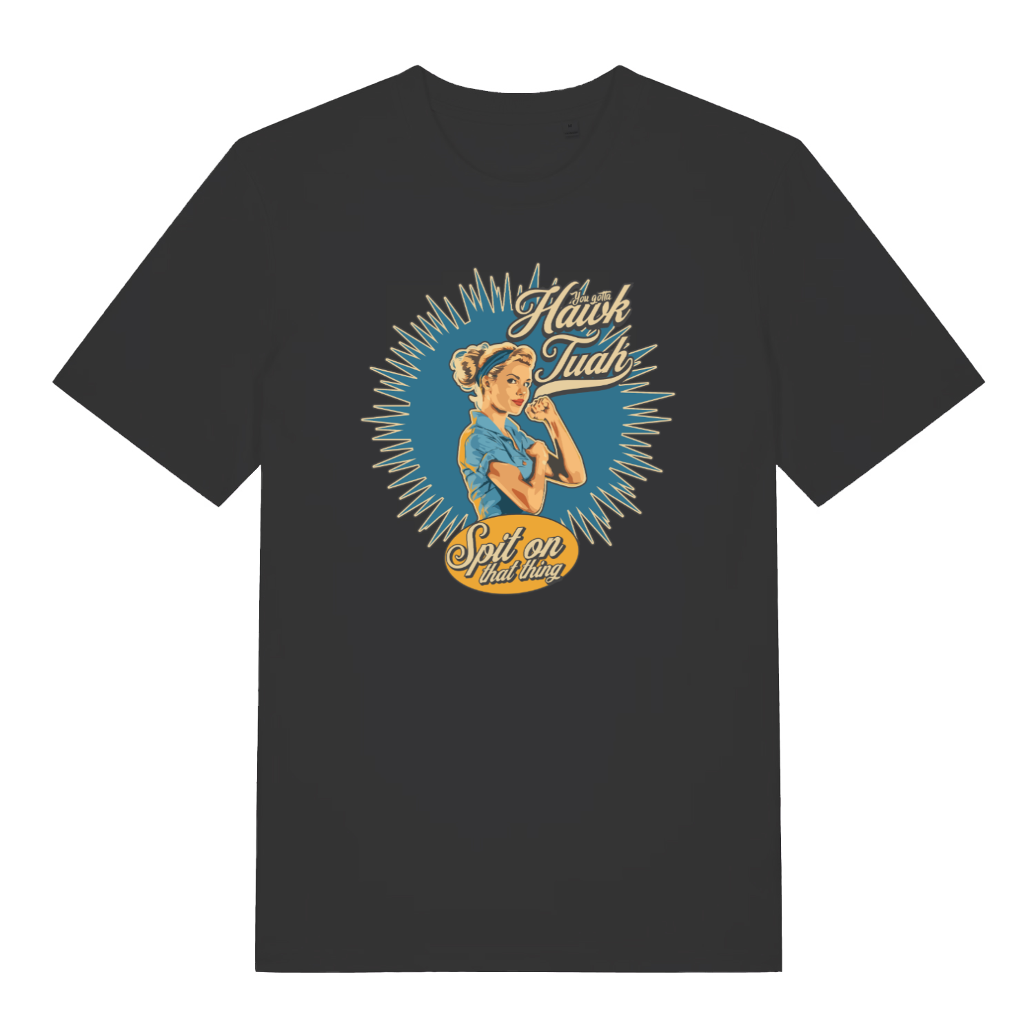 black funny rude t-shirt with the graphic of a retro housewife and the slogan 'gotta hawk tuah spit on that thing'