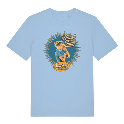 light blue funny rude t-shirt with the graphic of a retro housewife and the slogan 'gotta hawk tuah spit on that thing'