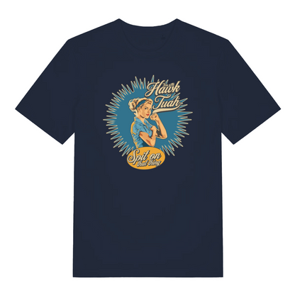 navy funny rude t-shirt with the graphic of a retro housewife and the slogan 'gotta hawk tuah spit on that thing'