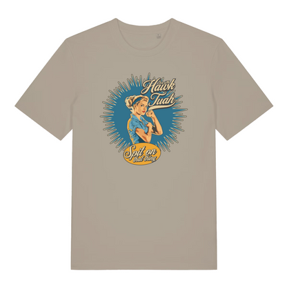 stone funny rude t-shirt with the graphic of a retro housewife and the slogan 'gotta hawk tuah spit on that thing'