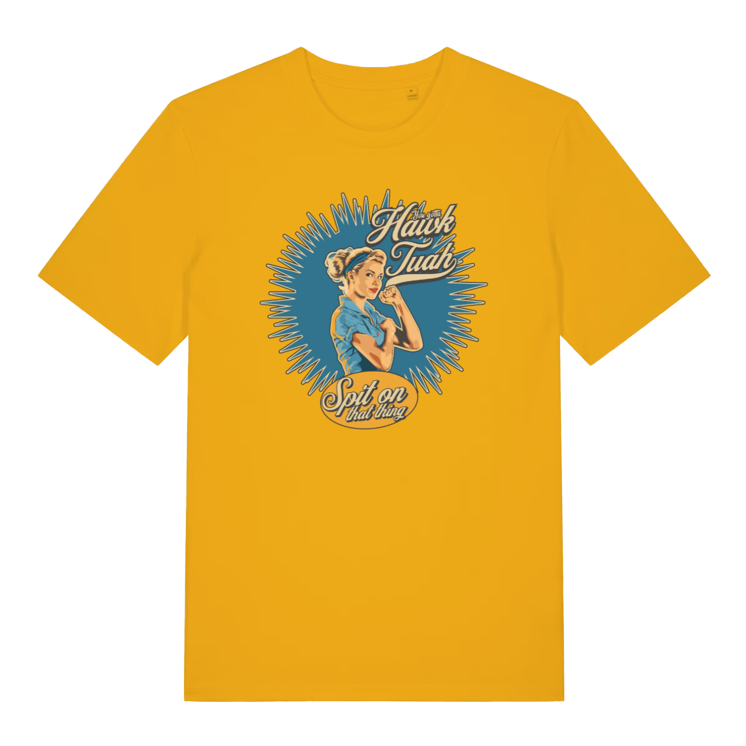 yellow funny rude t-shirt with the graphic of a retro housewife and the slogan 'gotta hawk tuah spit on that thing'