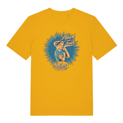 yellow funny rude t-shirt with the graphic of a retro housewife and the slogan 'gotta hawk tuah spit on that thing'