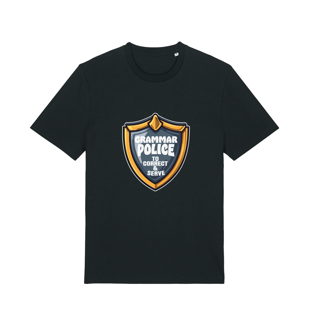 black funny t-shirt with the graphic of a medal and the slogan 'grammar police to protect and serve'