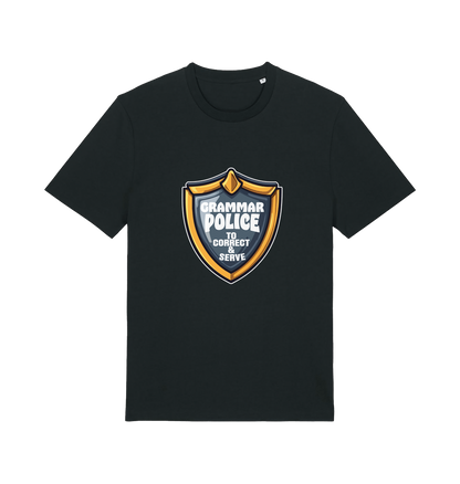 black funny t-shirt with the graphic of a medal and the slogan 'grammar police to protect and serve'