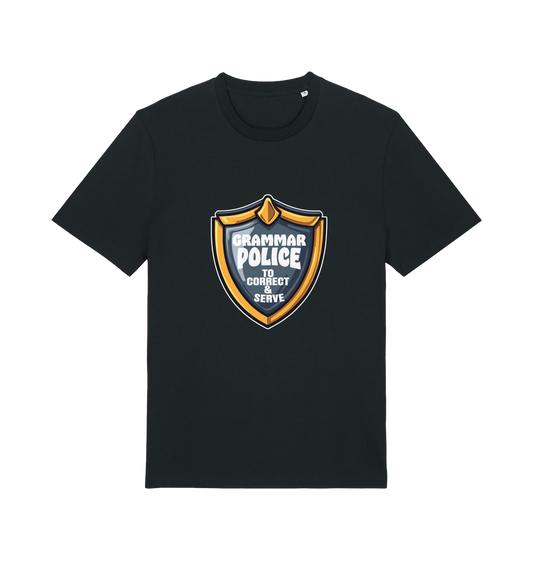 black funny t-shirt with the graphic of a medal and the slogan 'grammar police to protect and serve'