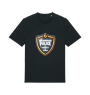 black funny t-shirt with the graphic of a medal and the slogan 'grammar police to protect and serve'