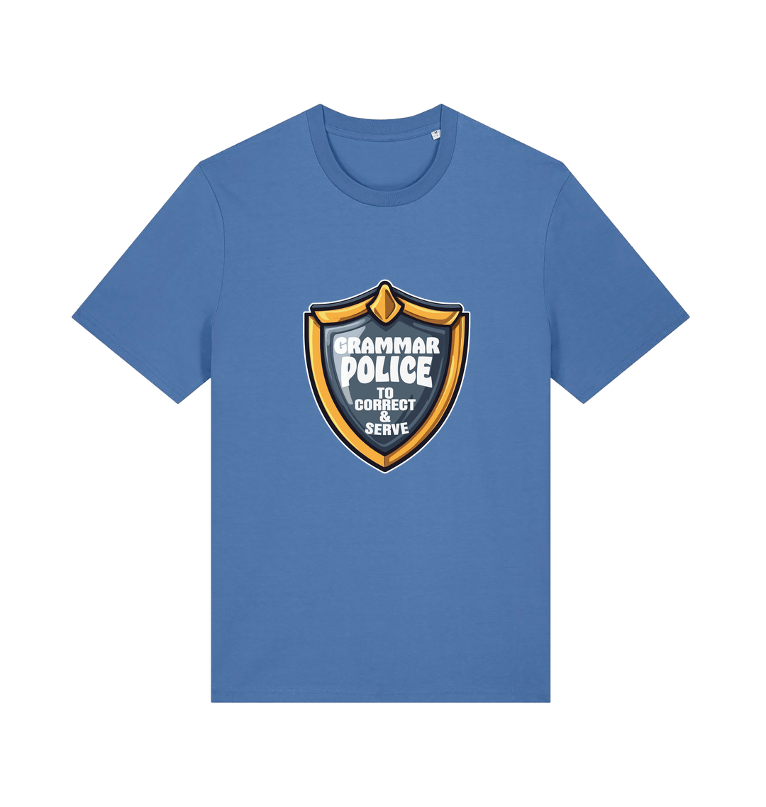 blue funny t-shirt with the graphic of a medal and the slogan 'grammar police to protect and serve'