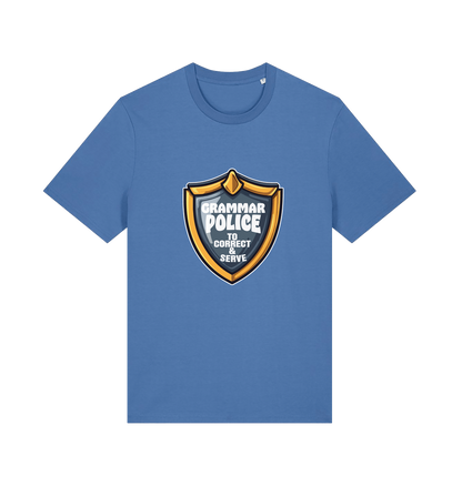 blue funny t-shirt with the graphic of a medal and the slogan 'grammar police to protect and serve'