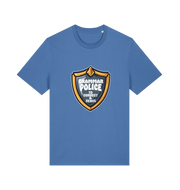 blue funny t-shirt with the graphic of a medal and the slogan 'grammar police to protect and serve'
