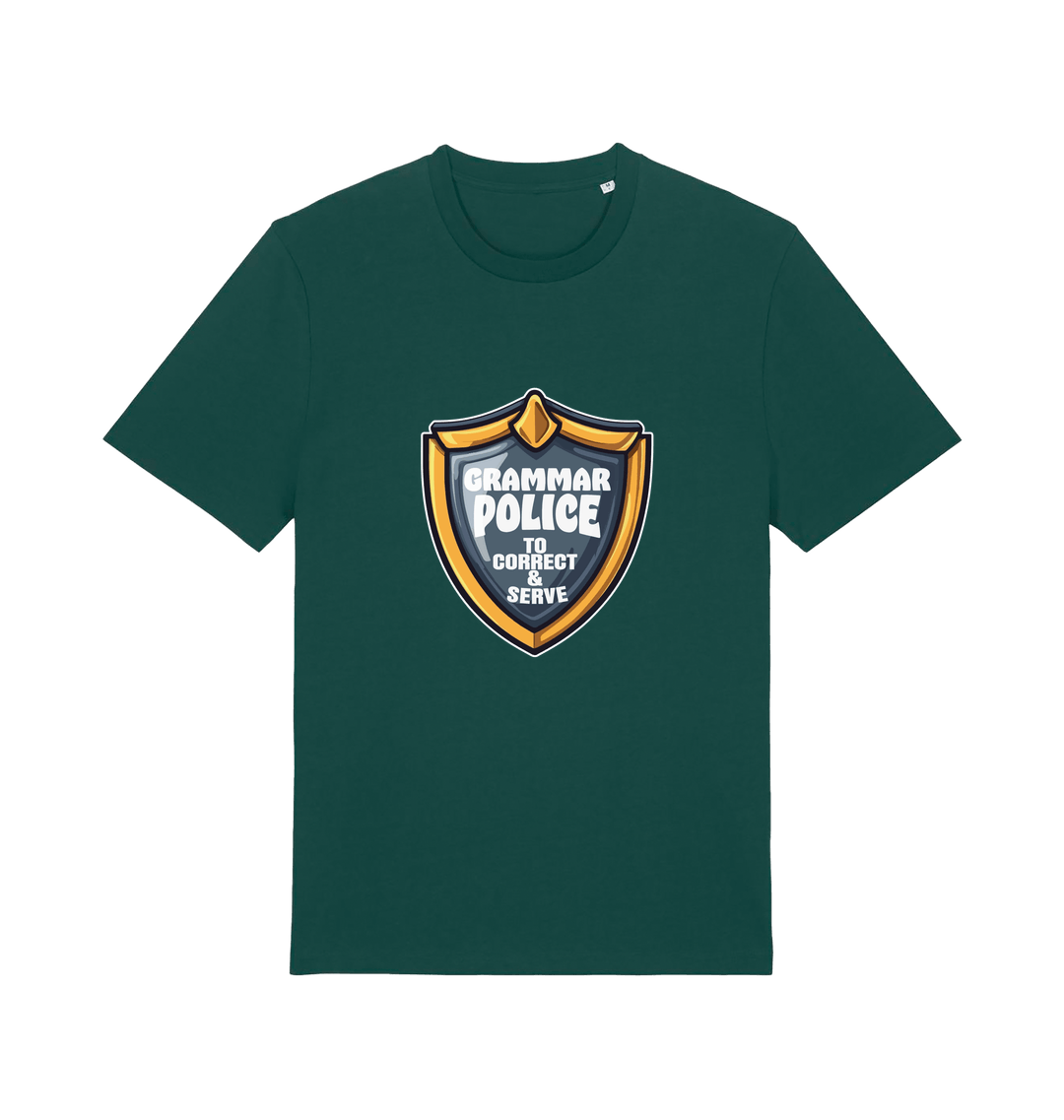 green funny t-shirt with the graphic of a medal and the slogan 'grammar police to protect and serve'