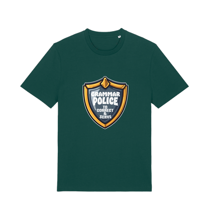 green funny t-shirt with the graphic of a medal and the slogan 'grammar police to protect and serve'