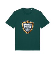 green funny t-shirt with the graphic of a medal and the slogan 'grammar police to protect and serve'