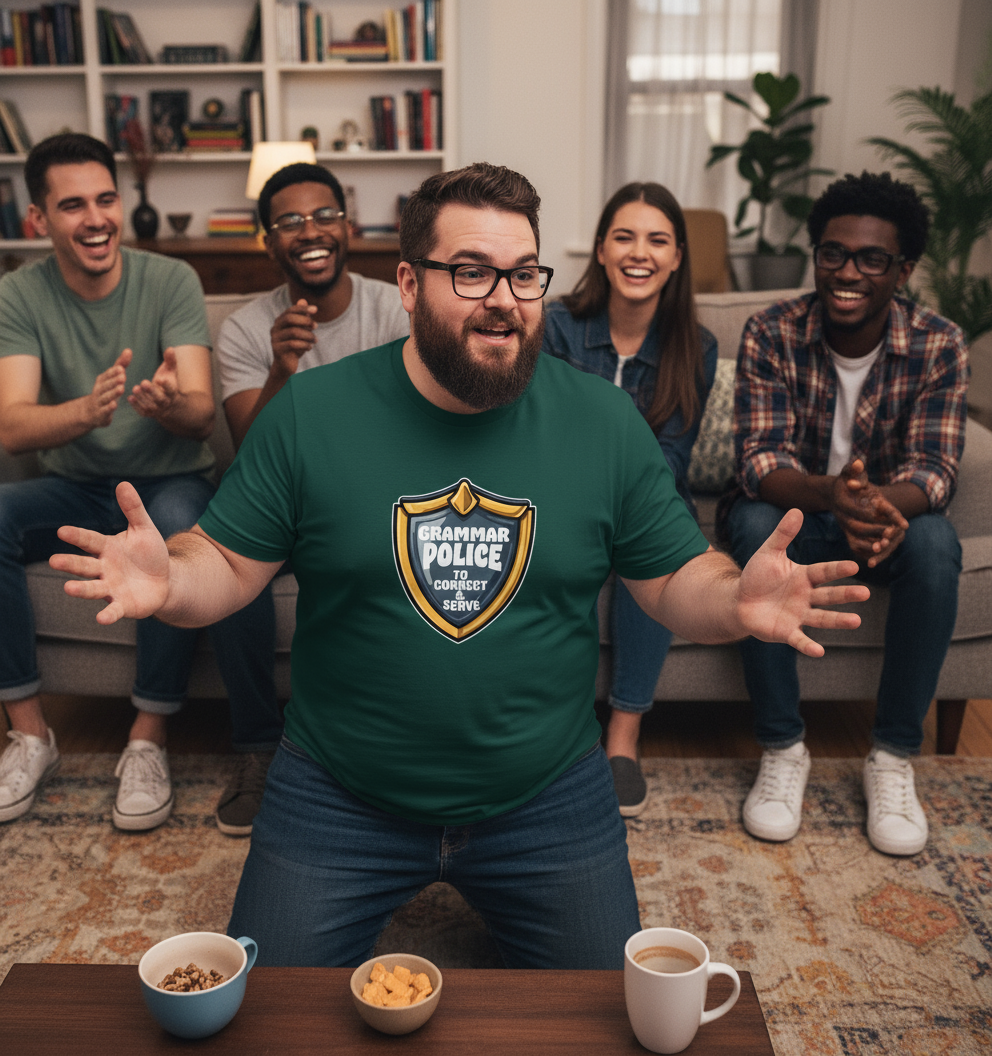 Man in a green t-shirt with a police logo in a living room with friends.