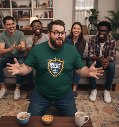 Man in a green t-shirt with a police logo in a living room with friends.