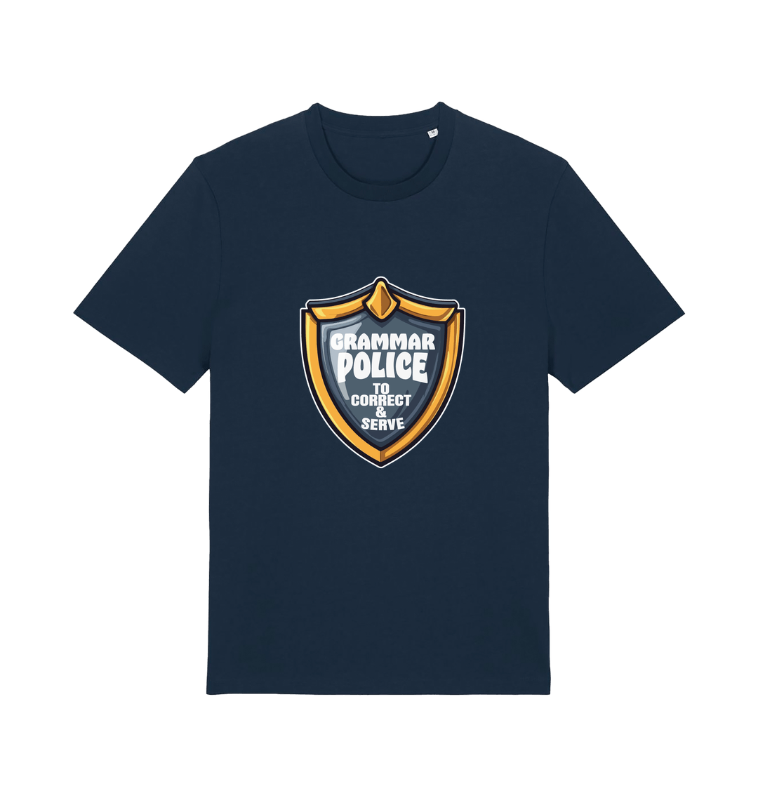 navy funny t-shirt with the graphic of a medal and the slogan 'grammar police to protect and serve'