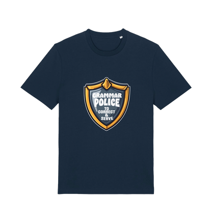 navy funny t-shirt with the graphic of a medal and the slogan 'grammar police to protect and serve'