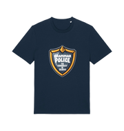 navy funny t-shirt with the graphic of a medal and the slogan 'grammar police to protect and serve'