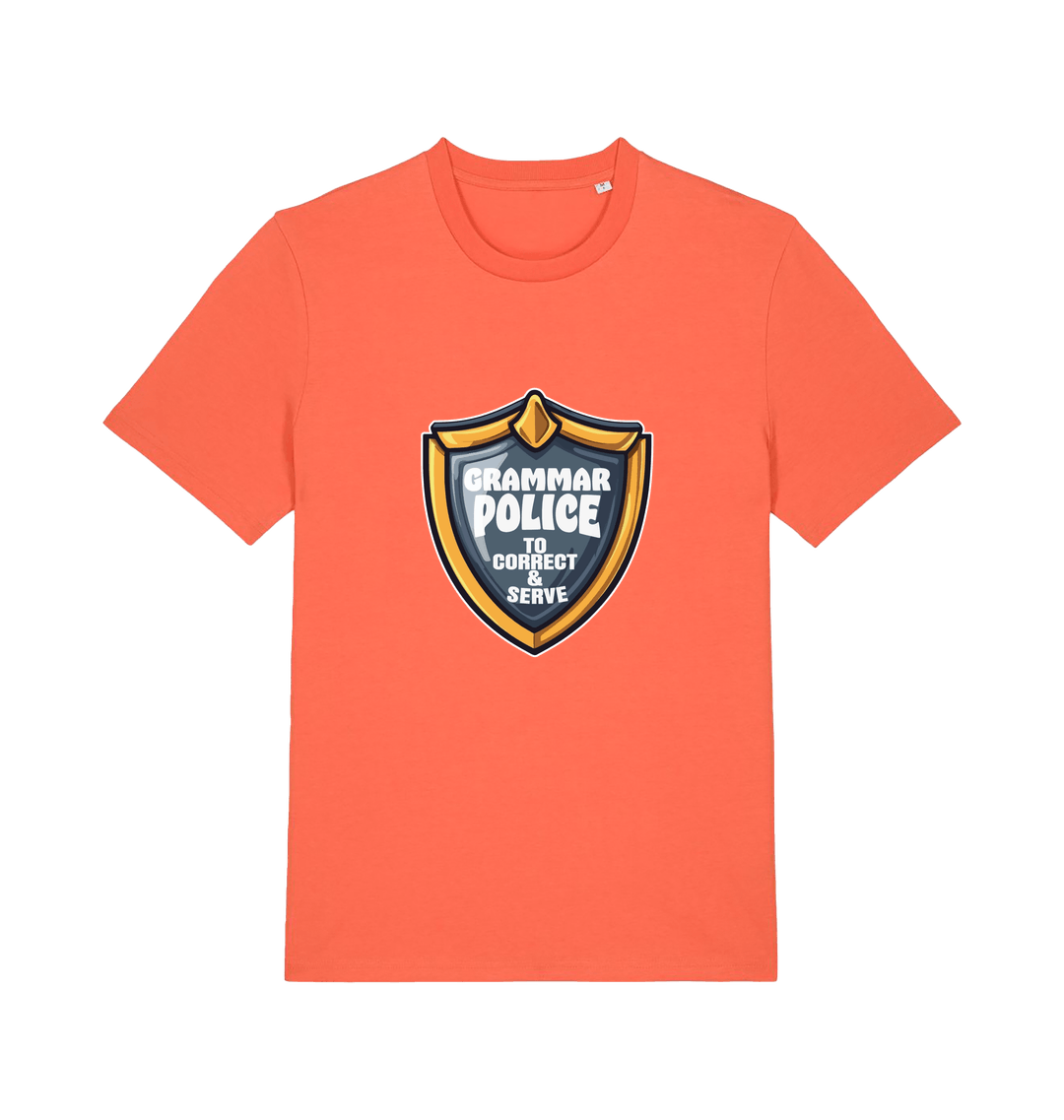 orange funny t-shirt with the graphic of a medal and the slogan 'grammar police to protect and serve'