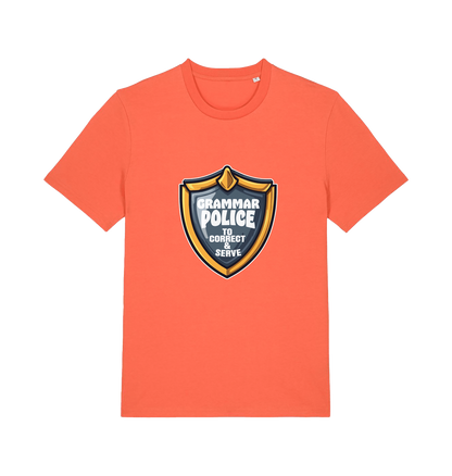 orange funny t-shirt with the graphic of a medal and the slogan 'grammar police to protect and serve'