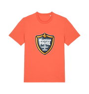 orange funny t-shirt with the graphic of a medal and the slogan 'grammar police to protect and serve'