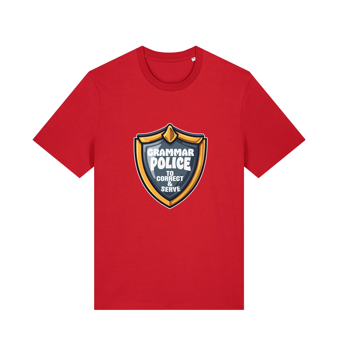 red funny t-shirt with the graphic of a medal and the slogan 'grammar police to protect and serve'