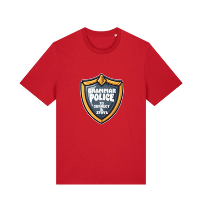 red funny t-shirt with the graphic of a medal and the slogan 'grammar police to protect and serve'