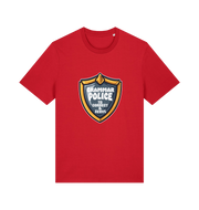 red funny t-shirt with the graphic of a medal and the slogan 'grammar police to protect and serve'