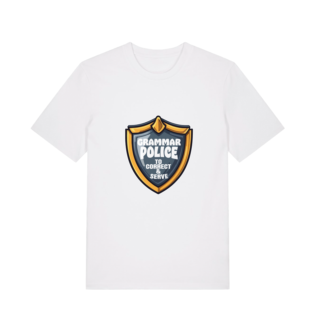 white funny t-shirt with the graphic of a medal and the slogan 'grammar police to protect and serve'