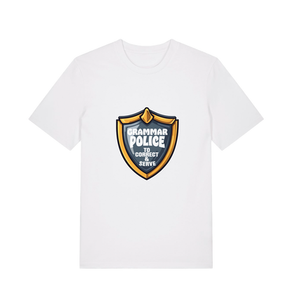 white funny t-shirt with the graphic of a medal and the slogan 'grammar police to protect and serve'